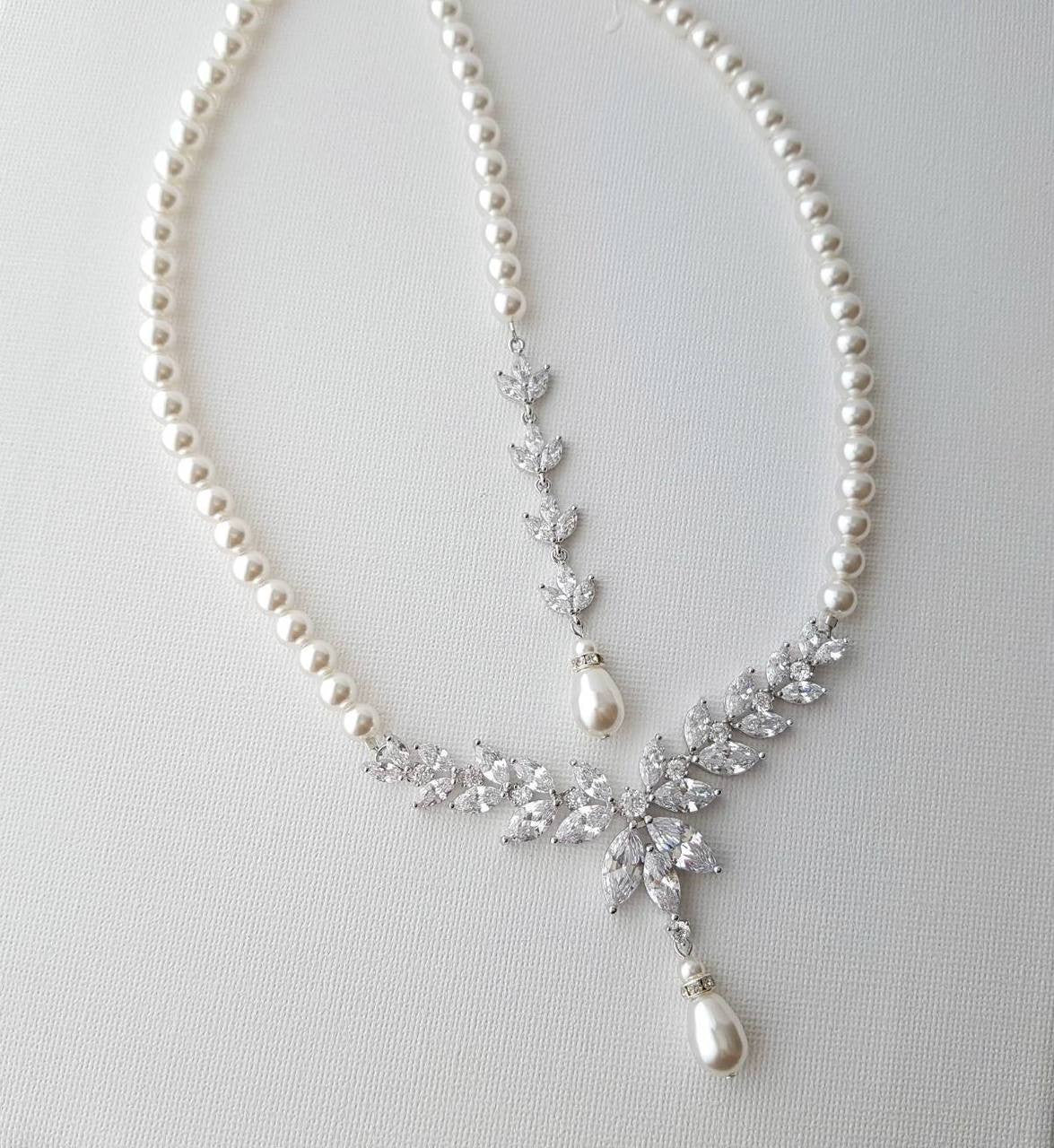 Pearl Strand & Crystal Gold Necklace for Wedding with Backdrop-Katie