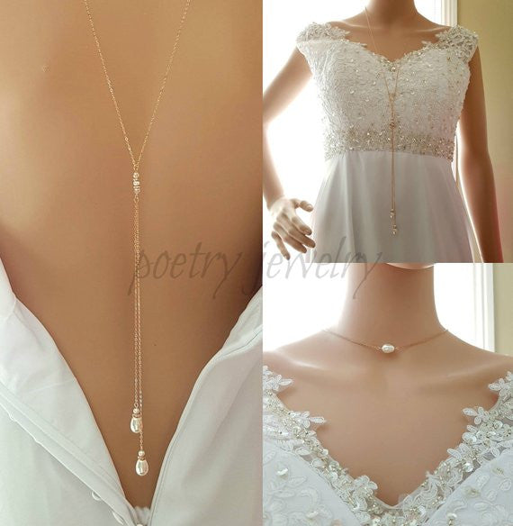 Simple Rose Gold Back Necklace with Pearl Drops- June
