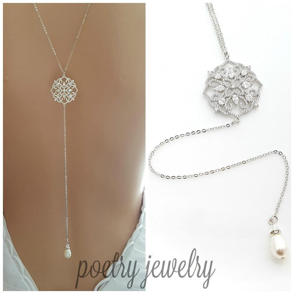 Long Back Necklace for Wedding, Prom, Event Backless Dresses-Sadie