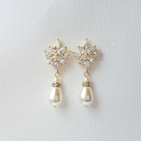 Gold Drop Earrings for Weddings with Teardrop Pearls-Rosa