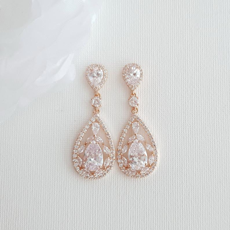 Yellow Gold Bridal Earrings in Cubic Zirconia for Brides-Esther