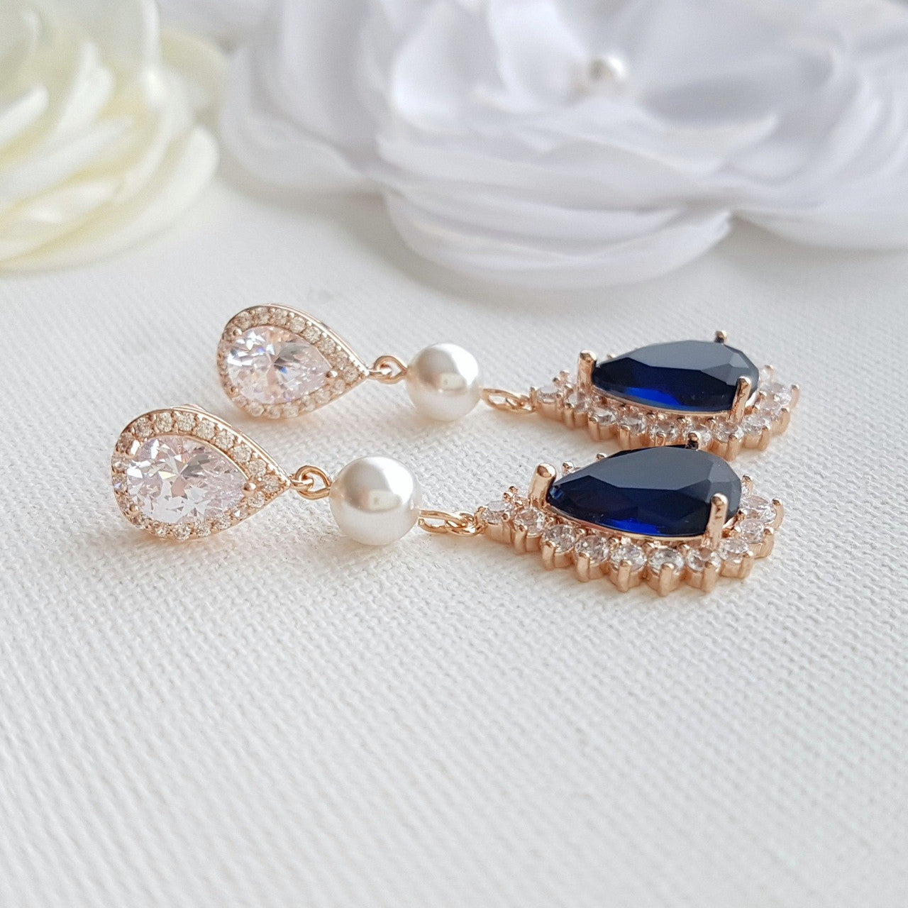 Rose Gold Blue Earrings with Pearls For Brides, Weddings, Events - Poetry Designs