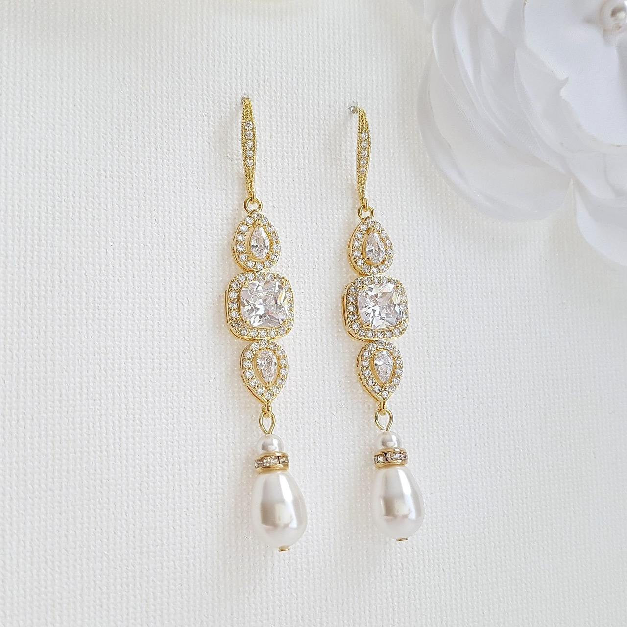 Rose Gold Pearl Drop Wedding Earrings-Gianna