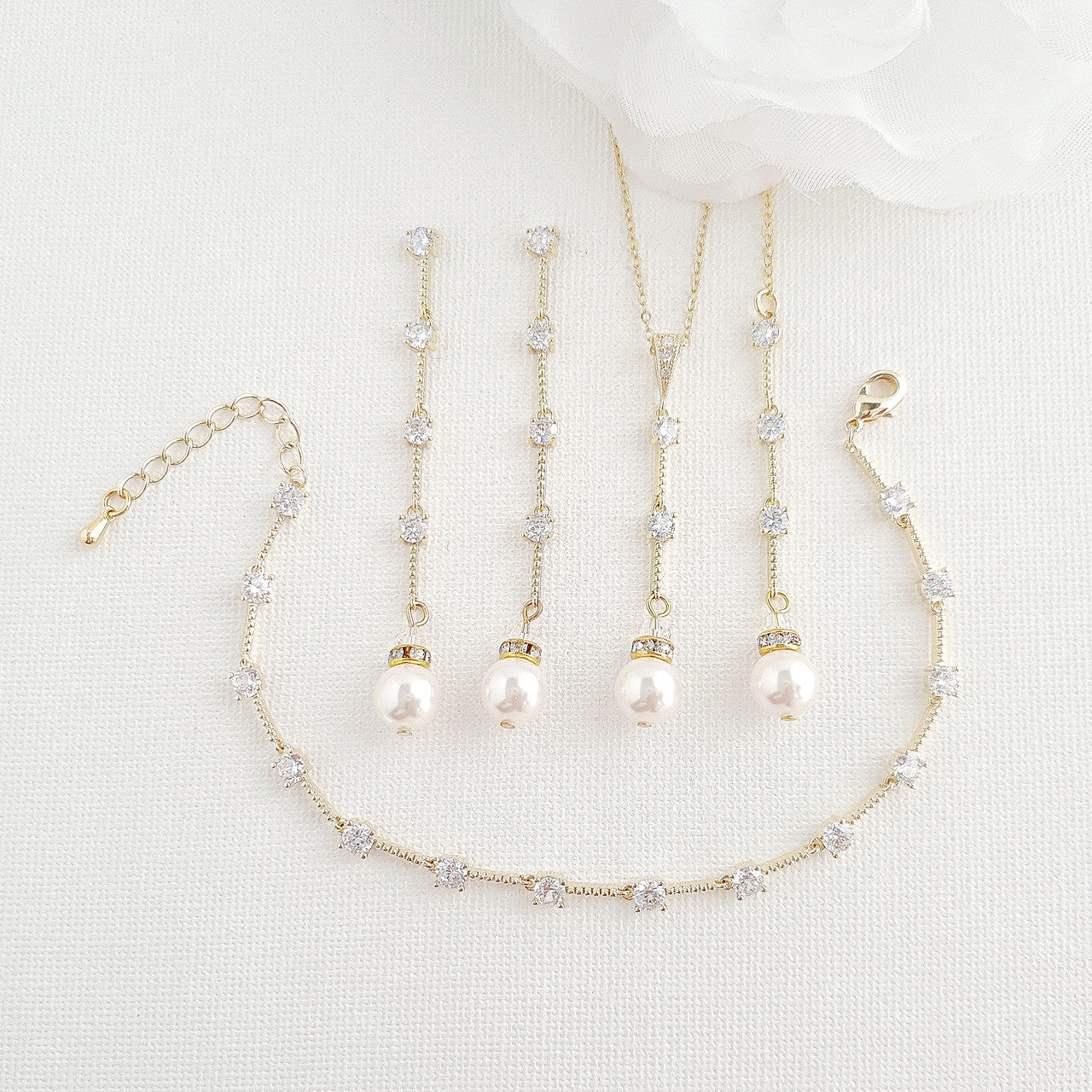 Gold Jewellery Set with Pearl Drop Earrings Necklace Bracelet-Ginger