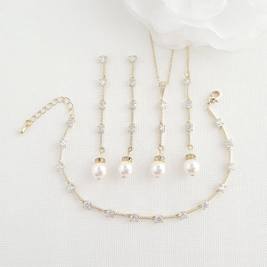 Gold Jewellery Set with Pearl Drop Earrings Necklace Bracelet-Ginger