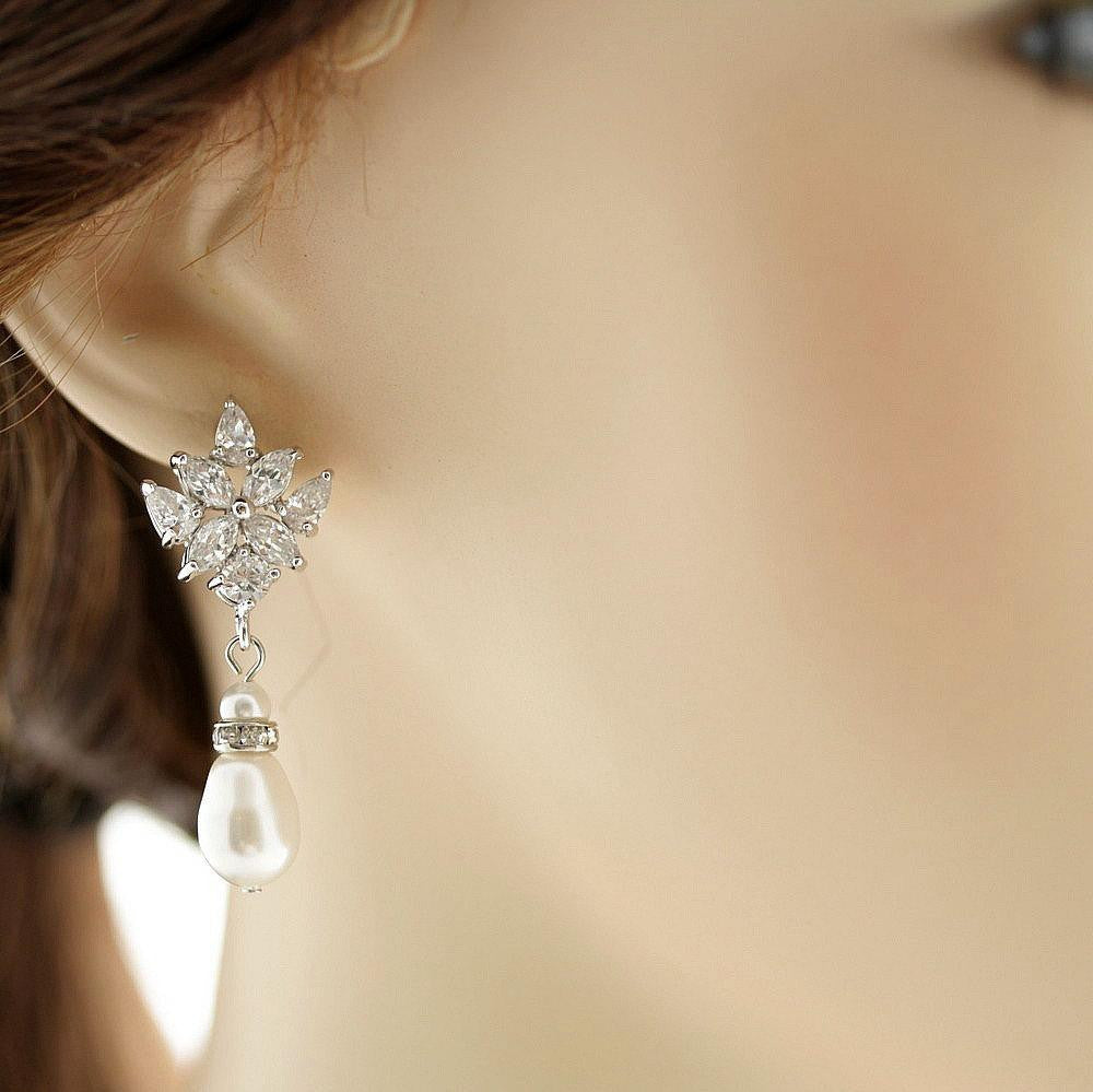 Crystal Bridal Earrings with Pearl Drop- Rosa