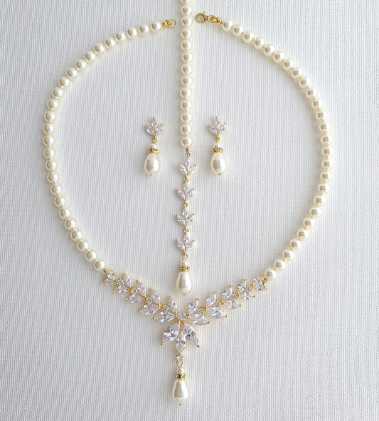 Pearl Bridal Jewelry Set in Ivory White Pearl Color with Necklace, Backdrop & Earrings-Katie