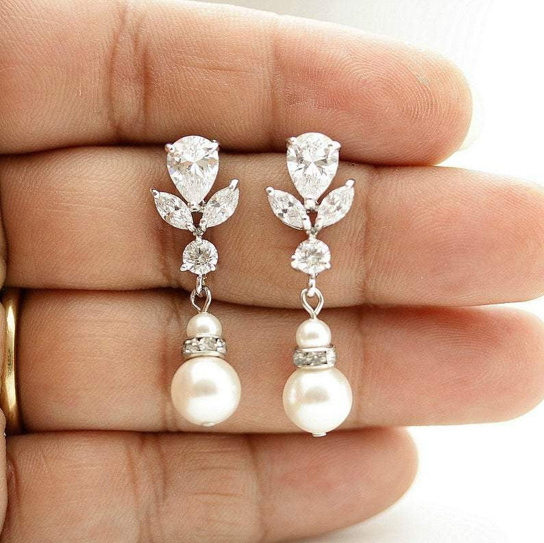 Gold Earrings for Weddings with Pearl Drops-Nicole