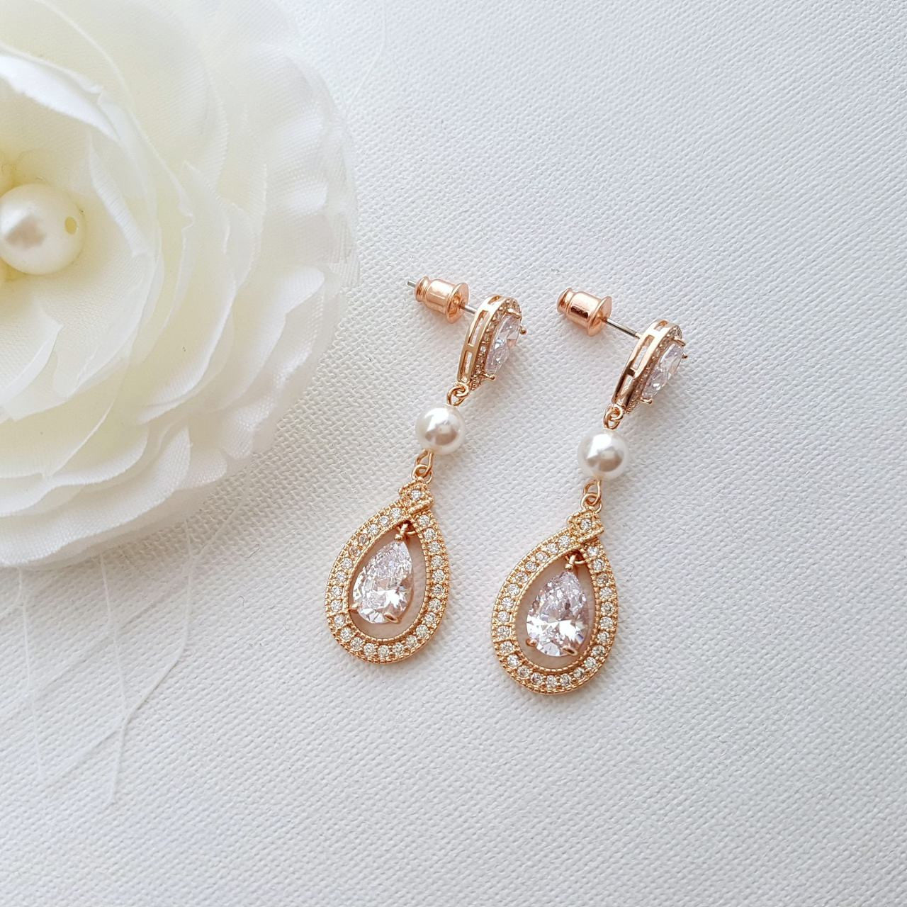 Rose Gold Bridal Earrings in Pearls & Cubic Zirconia-Sarah
