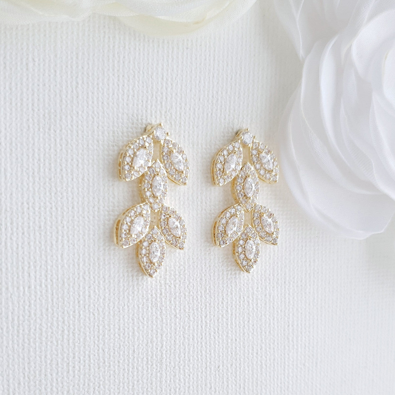 Cubic Zirconia Gold Leaf Stud Earrings- Poetry Designs