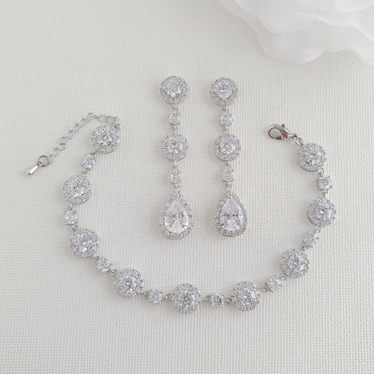 Round Halo CZ Bracelet and Earrings Set for Brides-Reagan