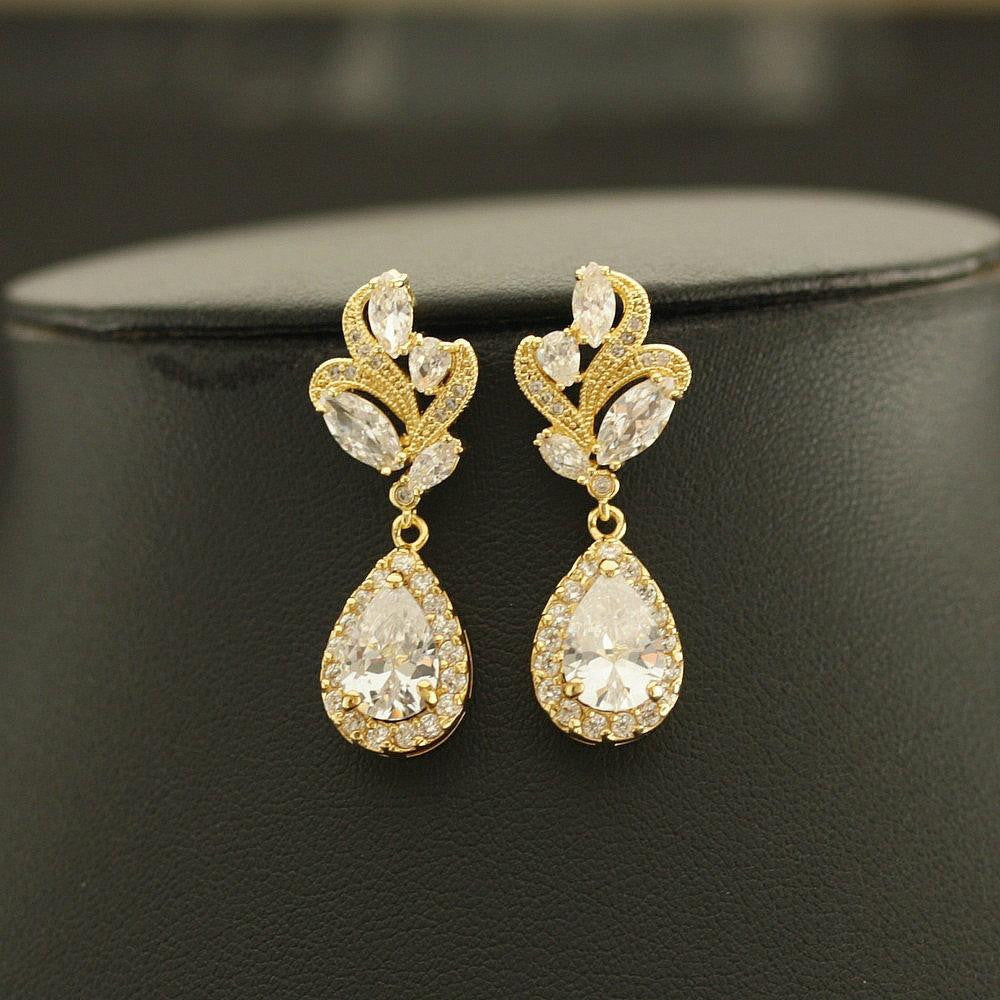 Dainty Gold Earrings with Teardrop- Wavy