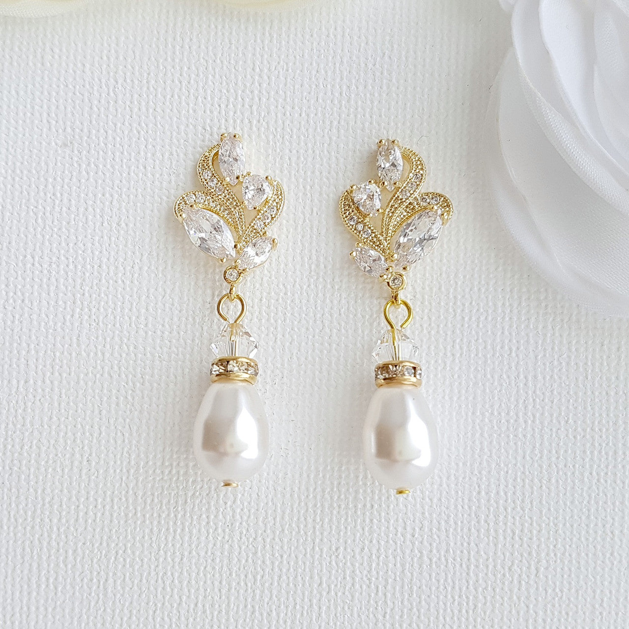 Rose Gold Bridal Earrings With Pearl Drops-Wavy