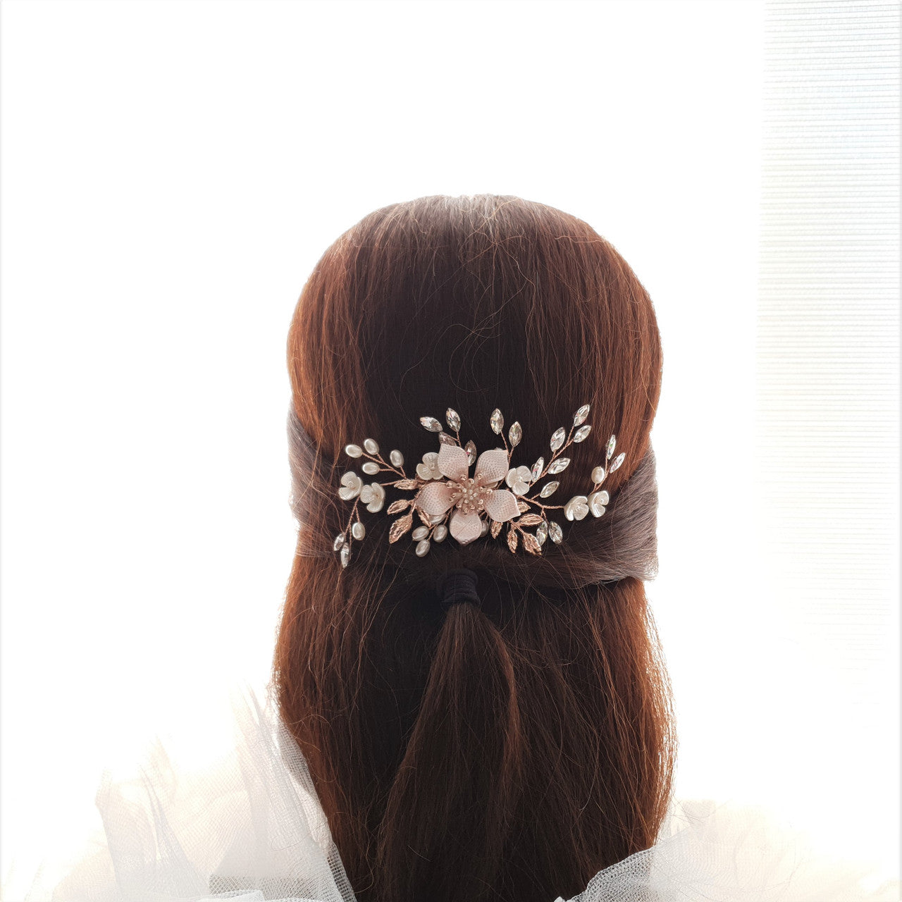Jewelled Rose Gold Bridal Hair Comb with Pearl & Crystal Leaves-Freya