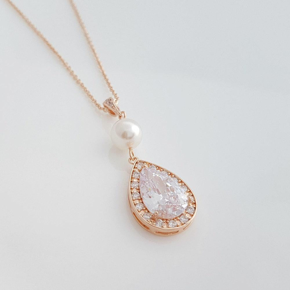 Cubic Zirconia & Pearl Teardrop Necklace for Weddings-Evita