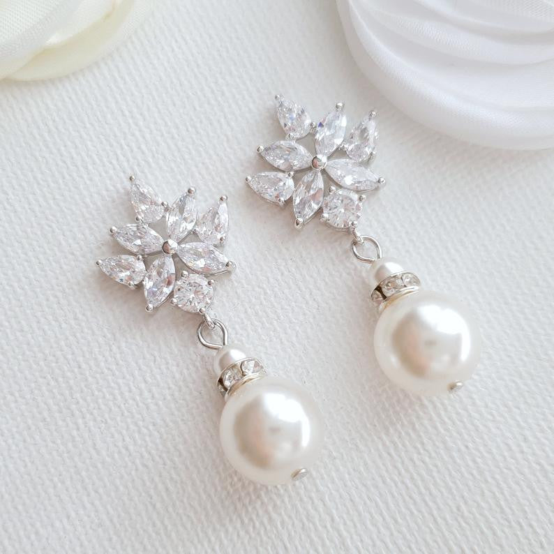 Bridal Earrings with Round Pearl Drops in Silver- Rosa