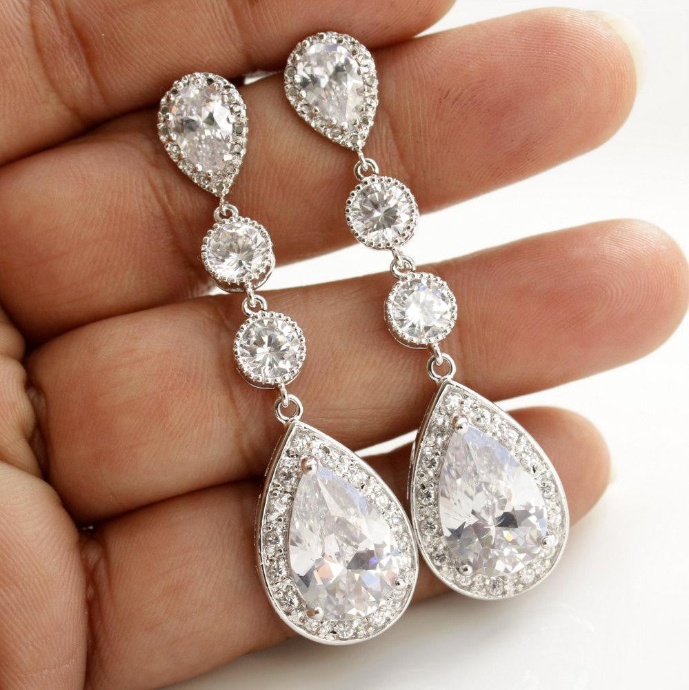 Long Bride Earrings Silver- Evana