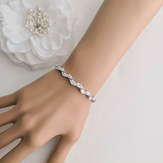 Silver Leaf Bracelet for Brides & Weddings in CZ- Belle