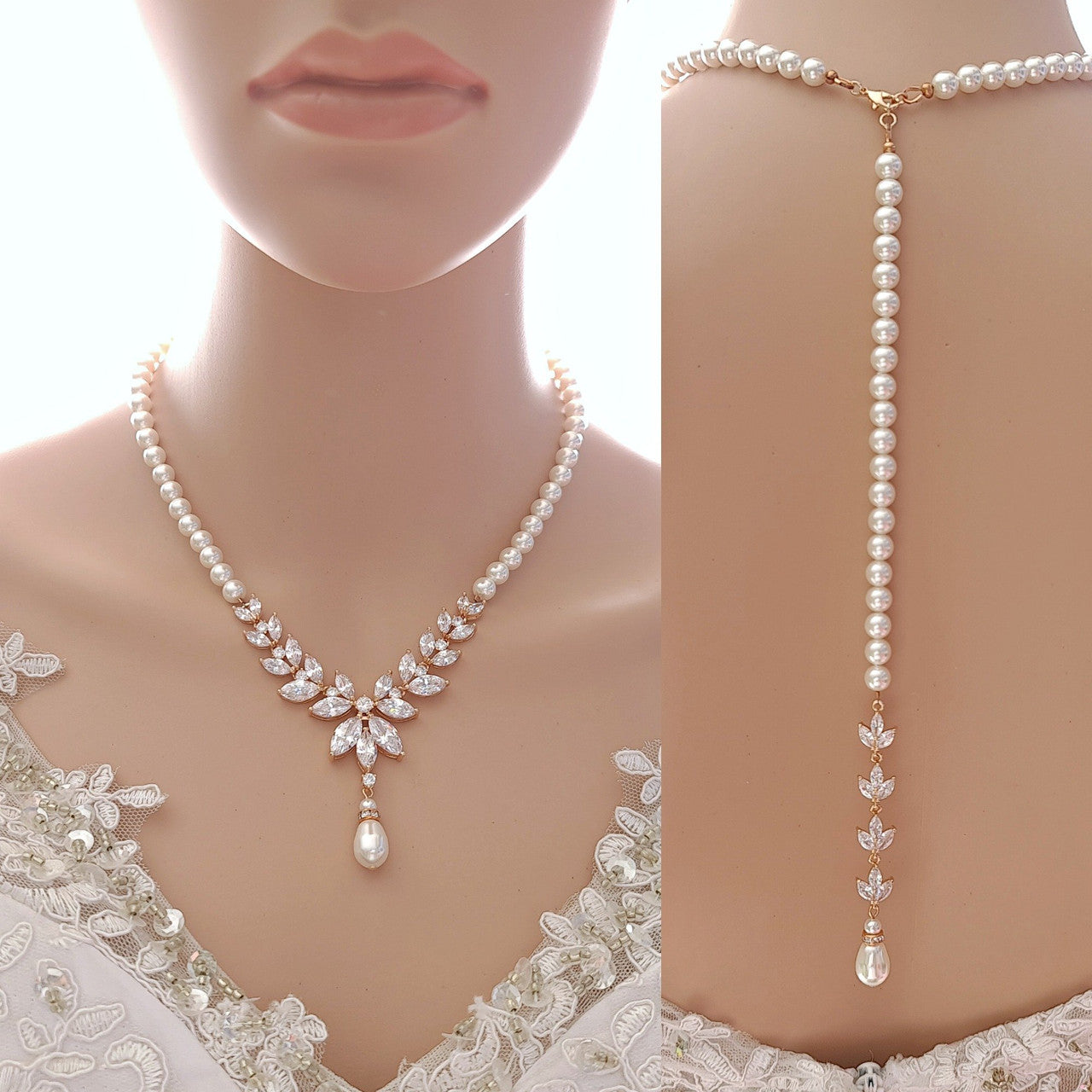 Pearl Strand & Crystal Gold Necklace for Wedding with Backdrop-Katie