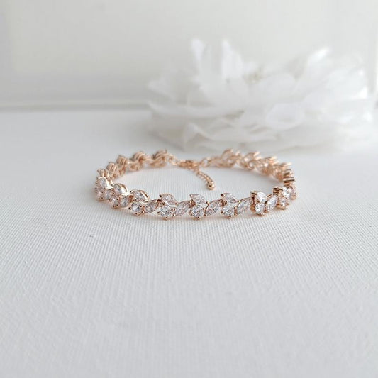 Rose Gold Tennis Bracelet in Leaf Shape Cubic Zirconia for Weddings & Formals-Debra