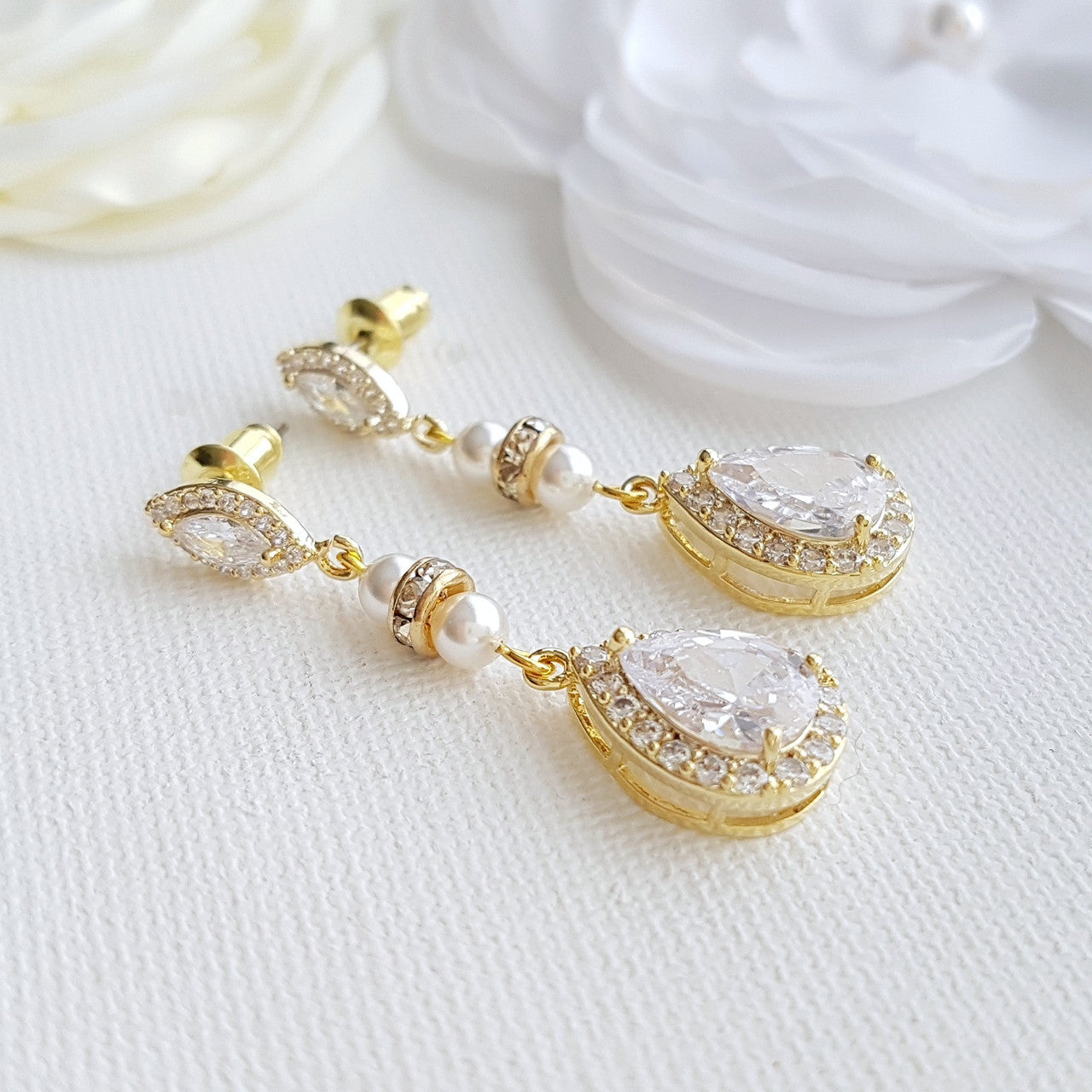 CZ & Pearl Wedding Drop Earrings for Brides-Ella
