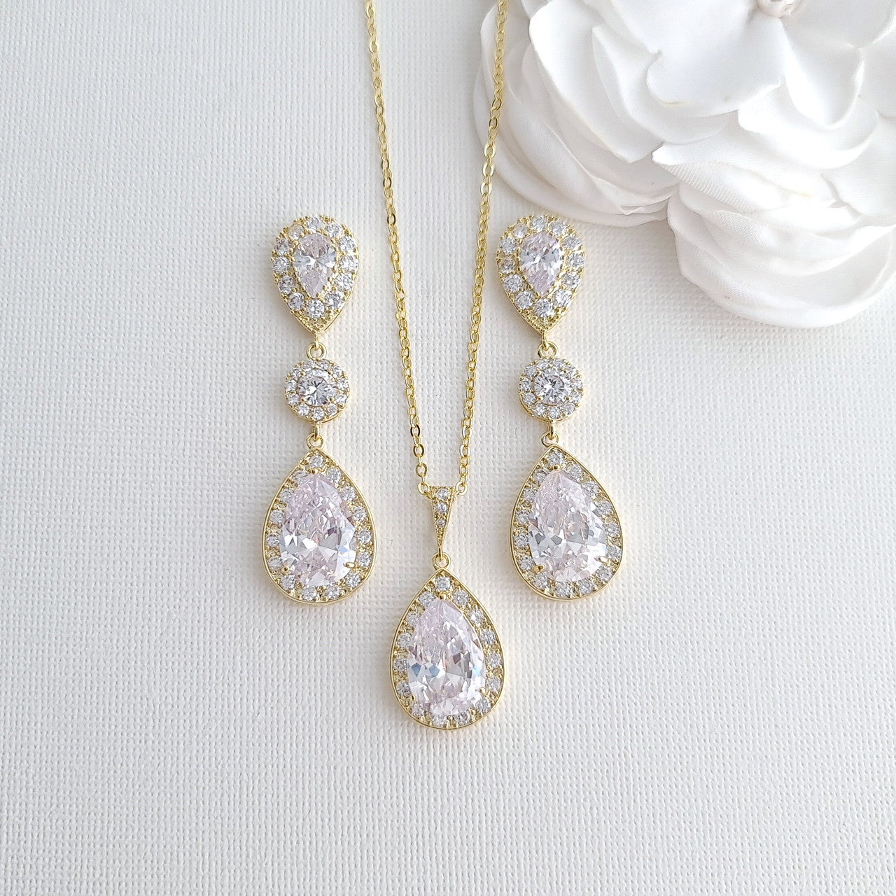 Simple Cubic Zirconia Necklace Set with Long CZ Earrings for Wedding- Penelope