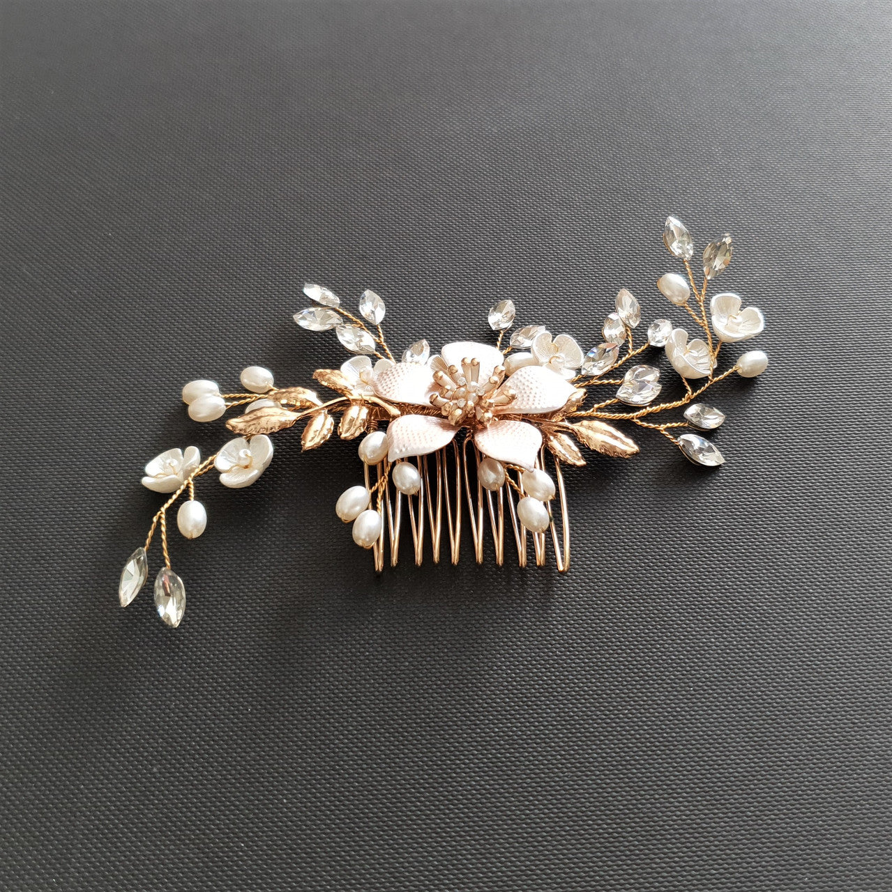 Jewelled Rose Gold Bridal Hair Comb with Pearl & Crystal Leaves-Freya