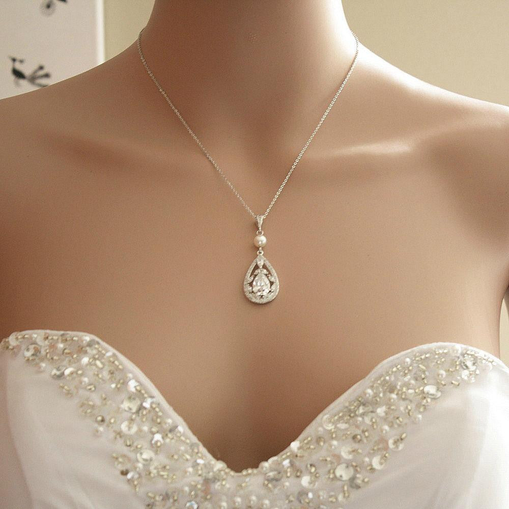 Bridal Pendant Necklace with Teardrop CZ Crystals-Esther