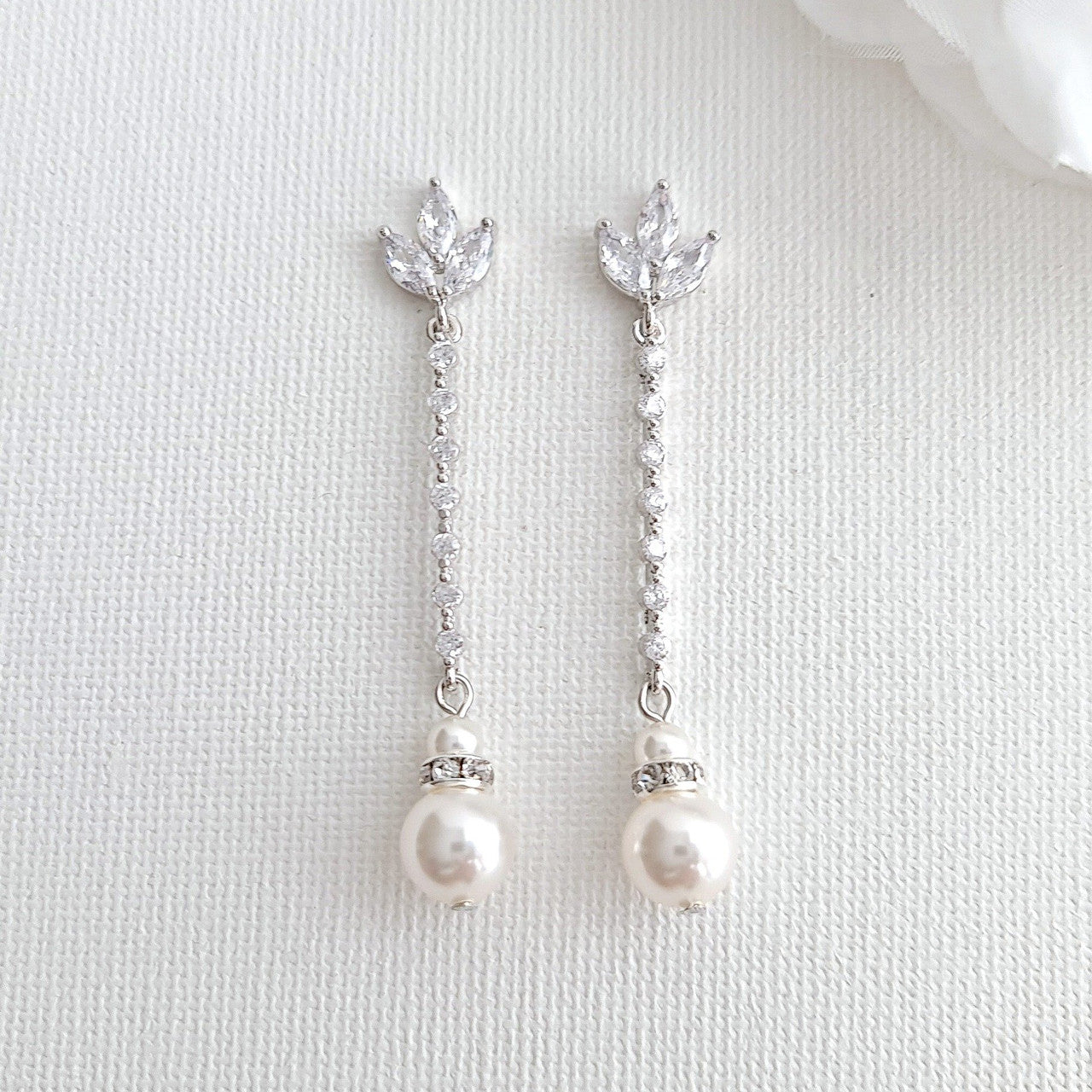 Skinny Long Pearl Drop Earrings in Rose Gold -Jodi