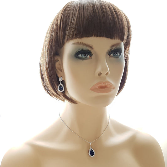 Sapphire Blue Stone Earrings Bracelet Necklace Set-Aoi