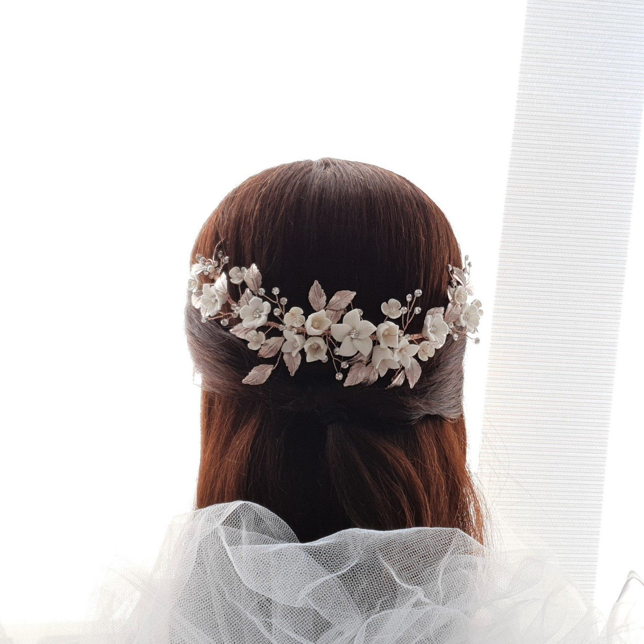 Rose Gold Hair Comb with White Flowers-Daffodil