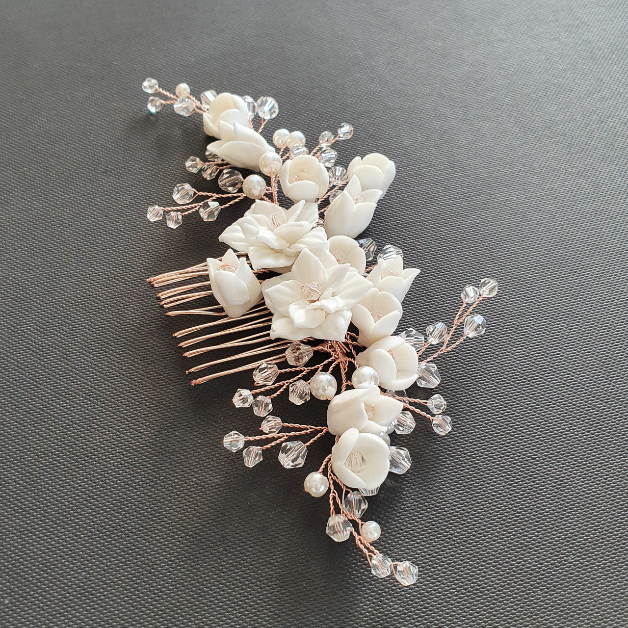 Gold Bridal Hair Comb with White Porcelain Flower & Crystal Beads-Tulip