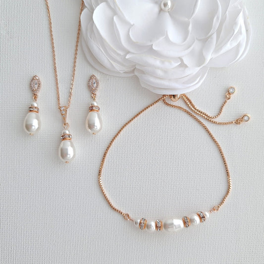 Simple Pearl Wedding Jewellery Set with Pearl Earring,Necklace,Bracelet for Brides-Ella