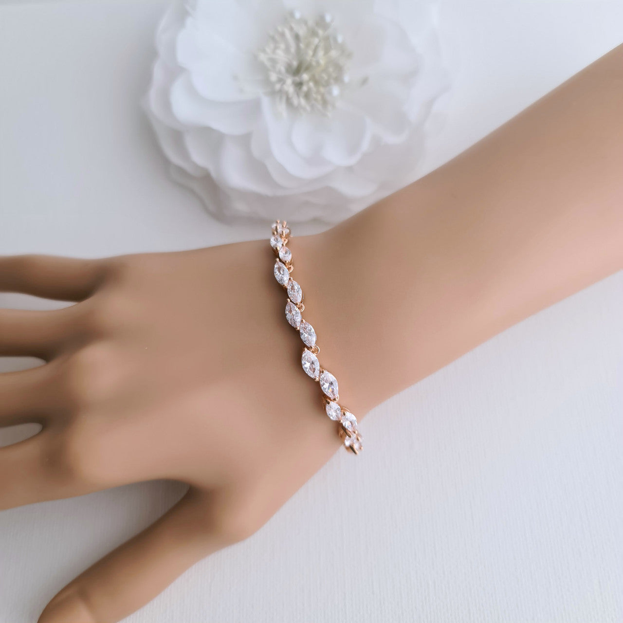 Rose Gold Wedding Bracelet With Crystal Leaf for Brides- Belle