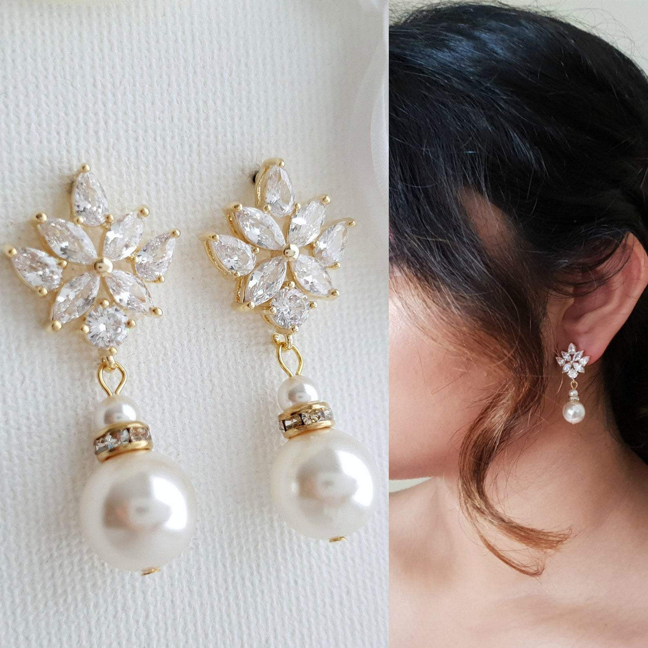 Wedding Drop Earrings in Rose Gold & Round Pearls- Rosa