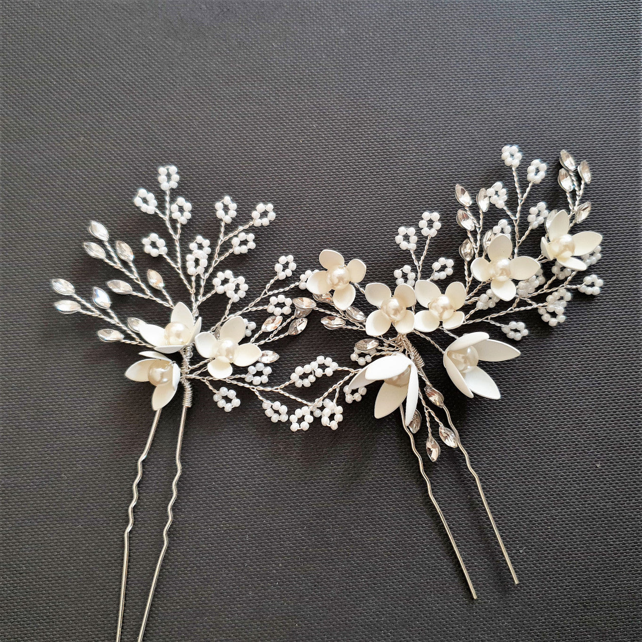 Small White Flowers Bridal Hair Pins With Pearls- Iris