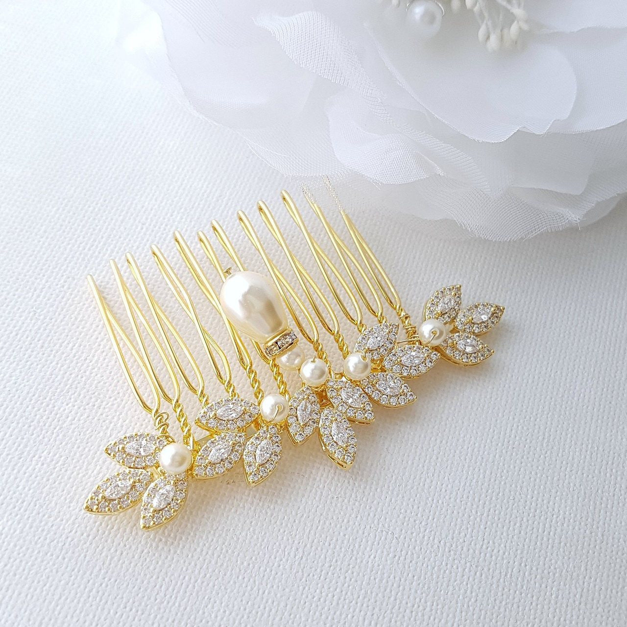 Gold Hair Comb for Weddings with Pearl & Crystals-Abby