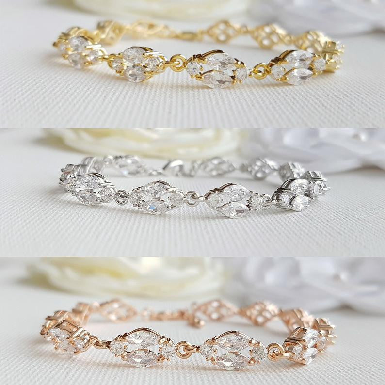 Long Earrings Drop Necklace & Bracelet Bridal Jewelry Set- Hayley
