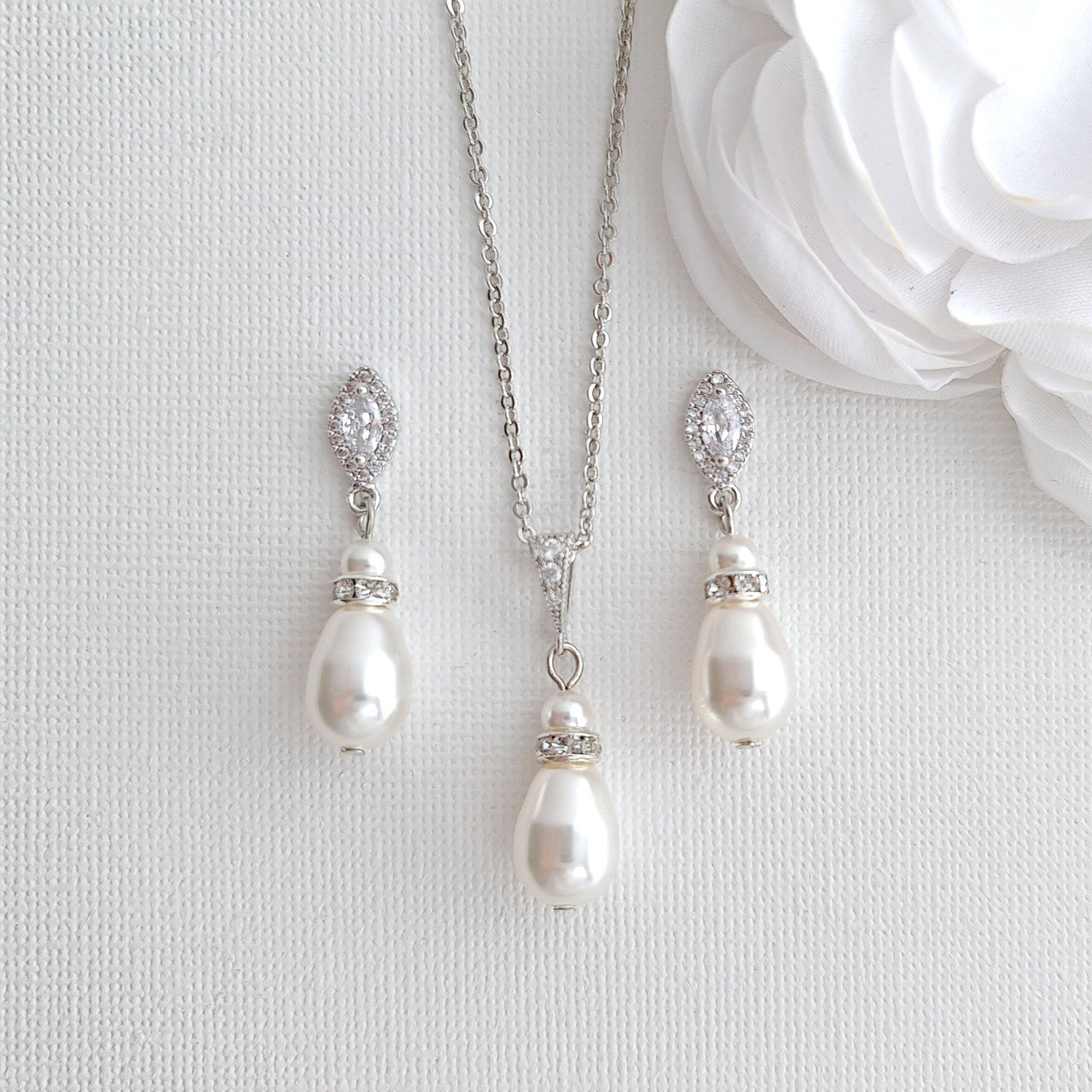 Simple Pearl Wedding Jewellery Set with Pearl Earring,Necklace,Bracelet for Brides-Ella