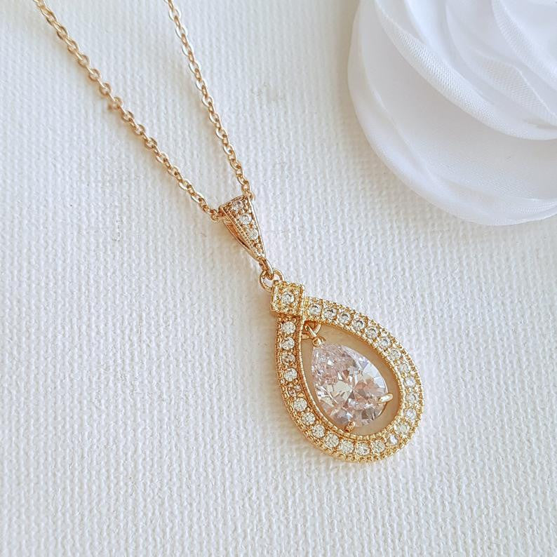 Gold Bridal Pendant Necklace Made of Teardrop Cubic Zirconia-Sarah