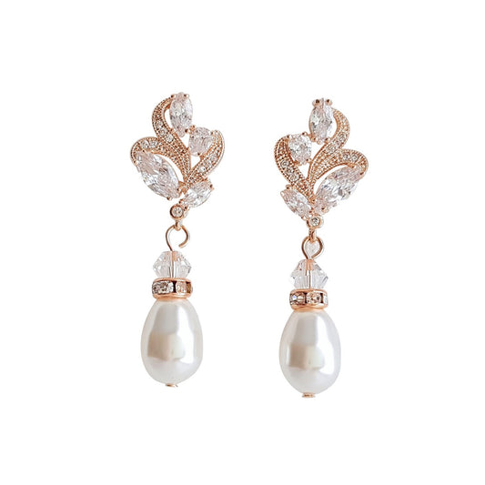 Rose Gold Bridal Earrings With Pearl Drops-Wavy