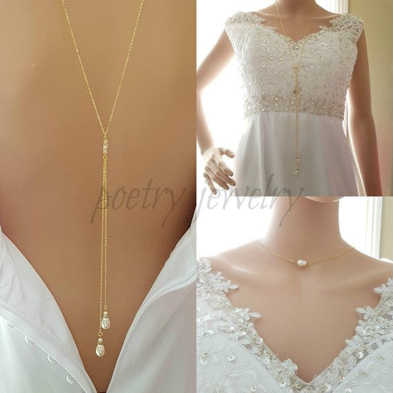 Gold Back Necklace With Pearl Drops-June