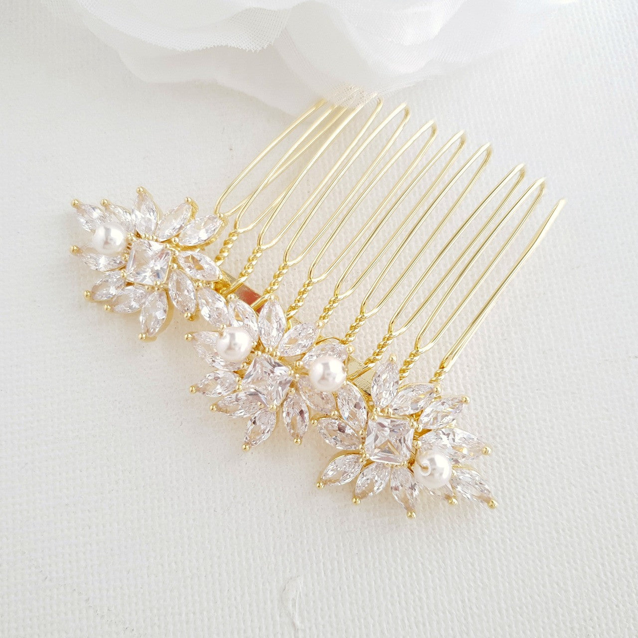 Crystal Flower Gold Hair Comb for Weddings-Bridget