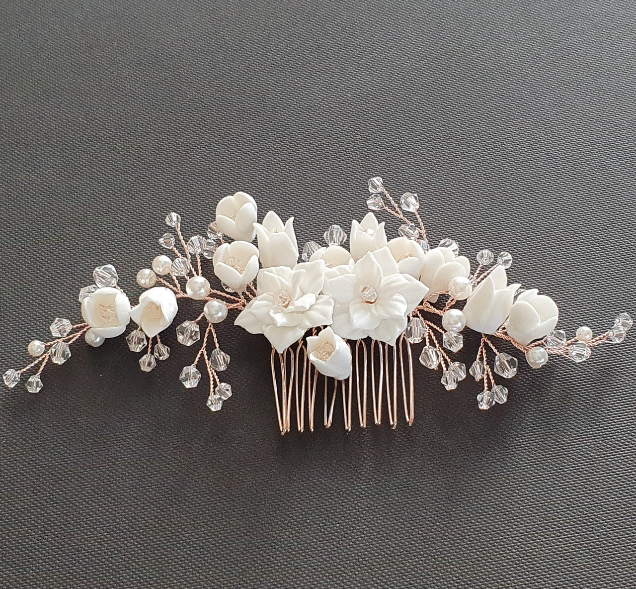 Rose Gold Hair Piece with White Ceramic Flowers-Tulip