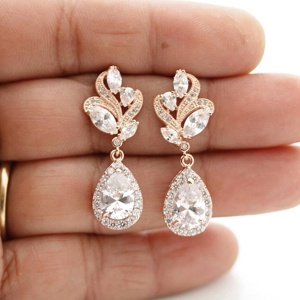 Pink Gold Bridal Earrings-Wavy