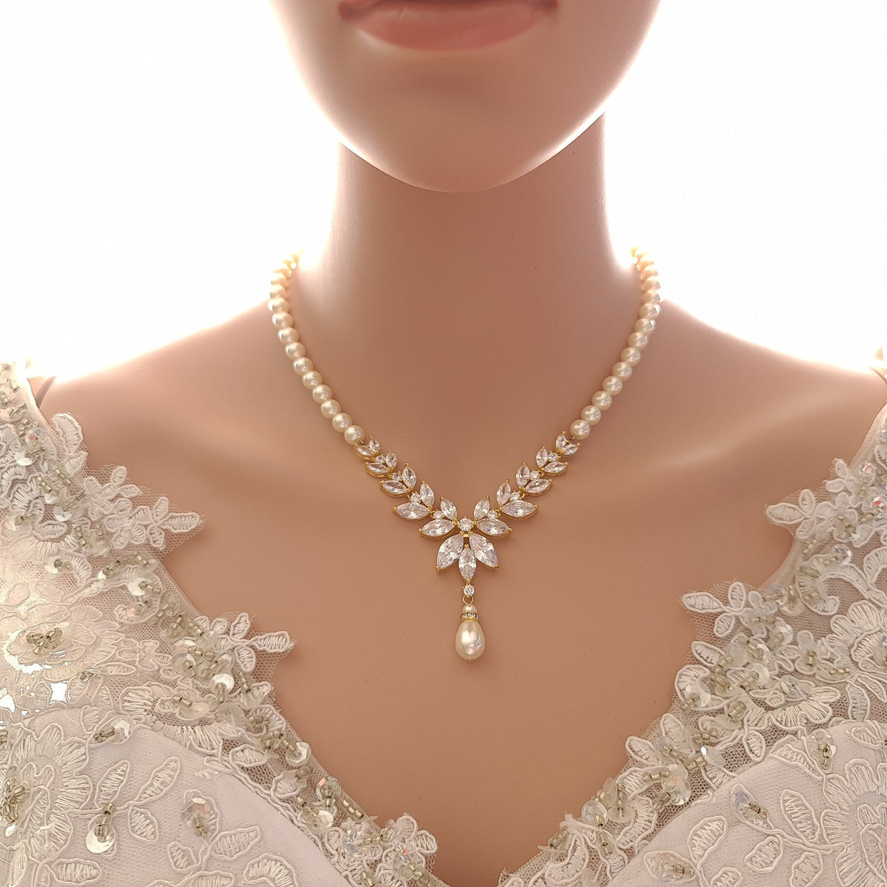 Pearl Strand & Crystal Gold Necklace for Wedding with Backdrop-Katie