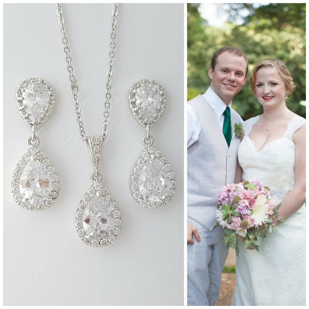 Earring Necklace Set for Brides, Crystal Wedding Set, Bridal Jewelry Set, Cubic Zirconia Teardrop Earrings Pendant Set, Emma