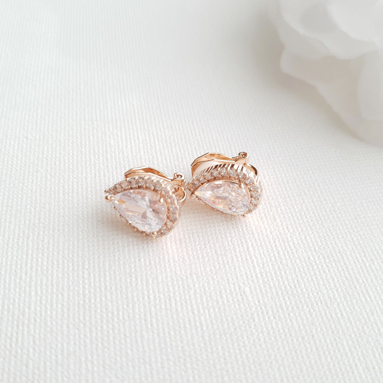 Gold Clip On Earrings in Teardrop CZ for Brides Bridesmaids-Emma