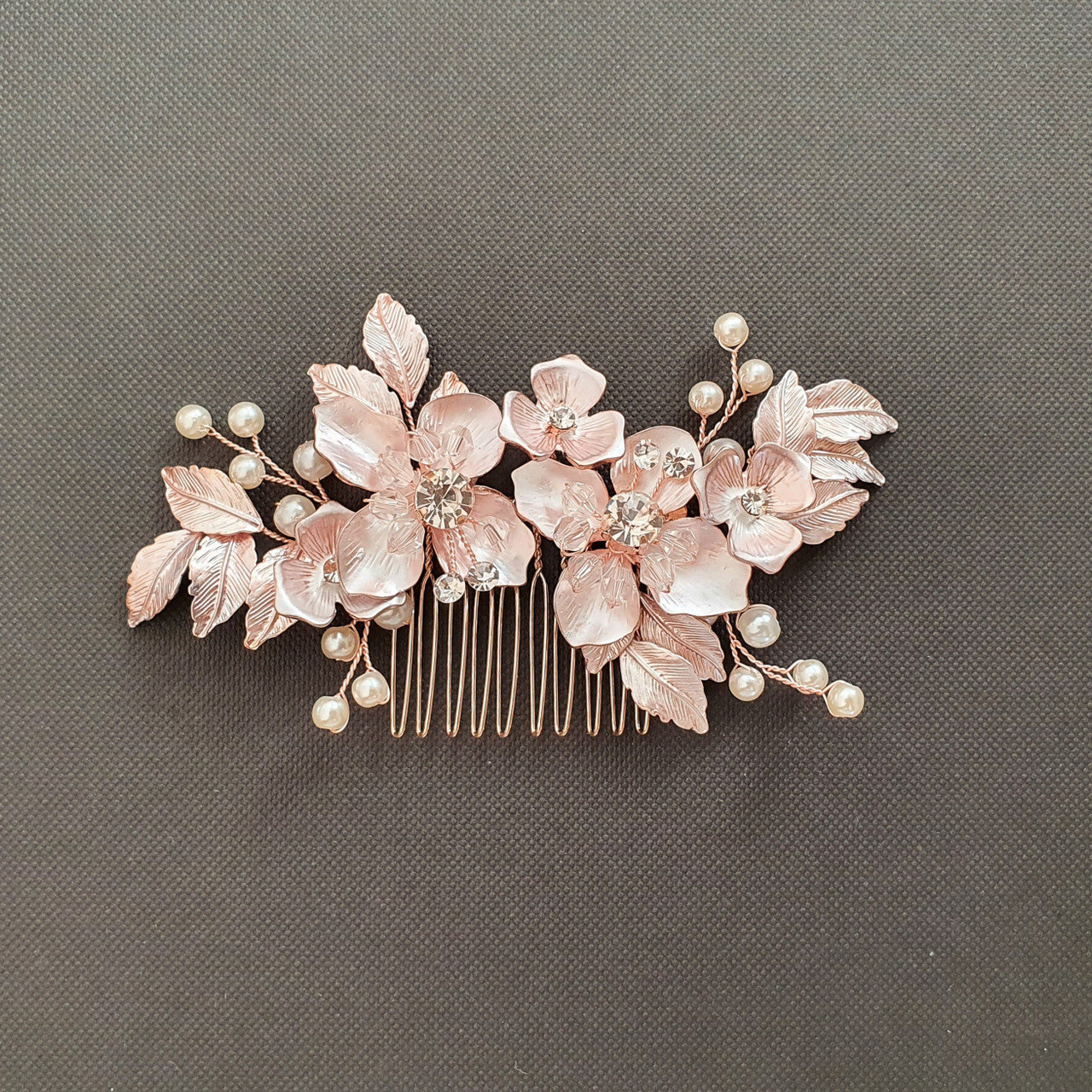 Rose Gold Flower and Leaf Hair Comb for Weddings- Azalea