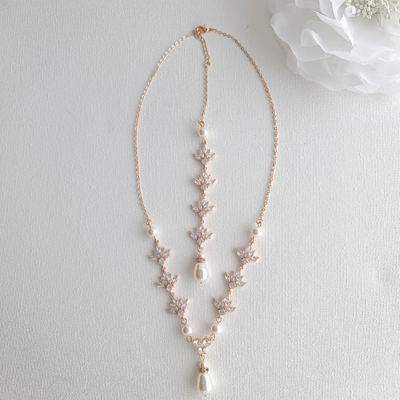 Pearl and Crystal Wedding Necklace with Backdrop for Bride-Rosa